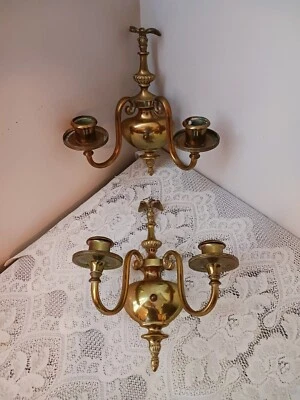 Antique Vtg Brass American Eagle Wall Sconce Double Candle Holder Pair - Image 1 of 4