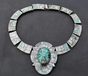 R. Espino Chrysocolla Inlay Mexican Mayan Mask Face Sterling Silver Necklace - Picture 1 of 10