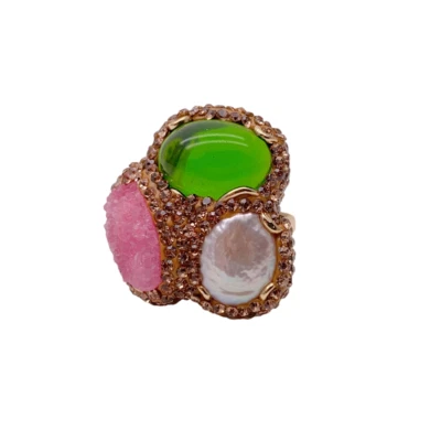 Anillo ajustable de anillos de cristal verde druzy ágata rosa perla blanca cultivada Foto 1 de 4