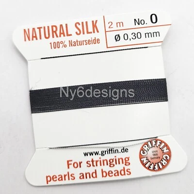 Hilo de seda natural negro con aguja 2 m tamaño 0-16 cordón de perlas, hecho en Alemania Foto 1 de 4