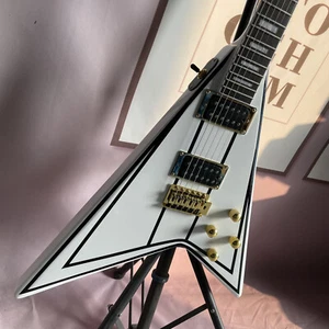 Guitarra Eléctrica Randy Rhoads Forma de V Tiras Negras Pastillas HH Piezas Doradas Blanca - Imagen 1 de 8