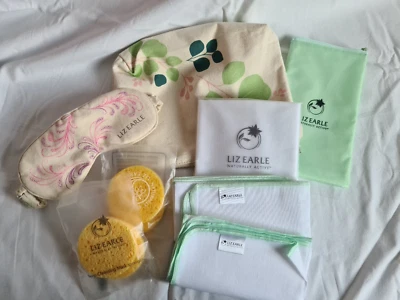 Liz Earle items, muslin cloths, bag, eye mask, sponges,