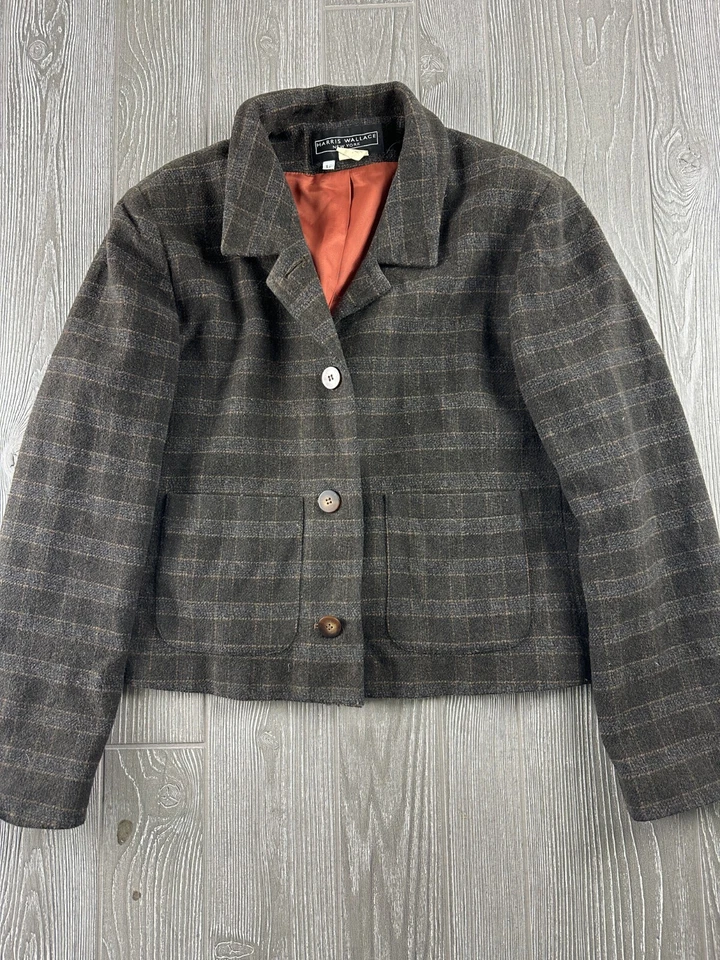 Harris Wallace Jacket Blazer Womens Sz Large Plaid Gray Wool Blend Button Up - Image 1 of 4