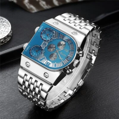 Oulm 9315 Silver Blue Men's Three Time Zone Full Stainless Steel Military Watch — 第 1/4 张图片