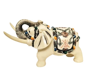 Vintage White Elephant Figurine Trunk Up Hand Painted Colorful Alabaster? - Picture 1 of 7