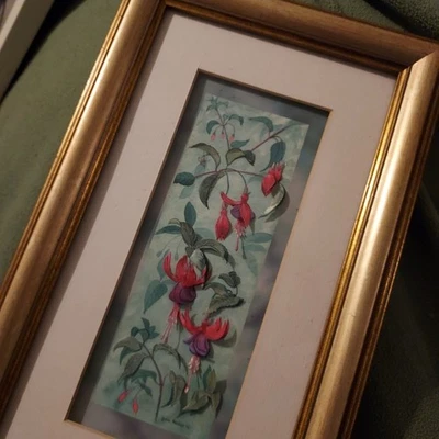 Vintage Floral Painting With Paper Tole Bleeding Hearts, Gold Frame, England  - Image 1 of 4