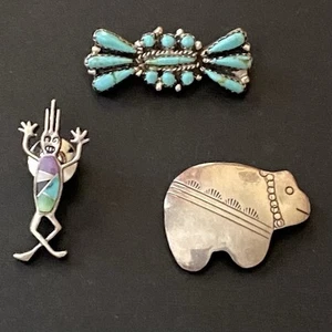Lote De Colección De 3 PINS NATIVOS AMERICANOS Plata Esterlina Oso Rock Kritter TURQUESA - Imagen 1 de 10