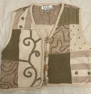 Sandy Starkman Best Gr. M Seidenmischung hellbraun beige olivgrün Holzknöpfe - Bild 1 von 5