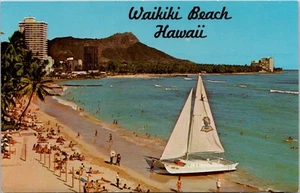 Waikiki Beach Hawaii with Swimmers & Catamaran ~ Diamond Head Background 1974 - Picture 1 of 2