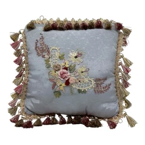 Vintage Decorative Blue Pillow Colorful Floral Ribbon Embroidery Crewel Lovely - Picture 1 of 12