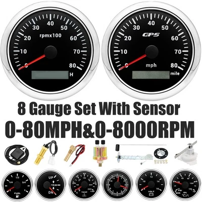 8 Gauge Set 85mm GPS Speedometer 80MPH Tacho 8000RPM Gauge With Sensor For Boat  - Image 1 of 4