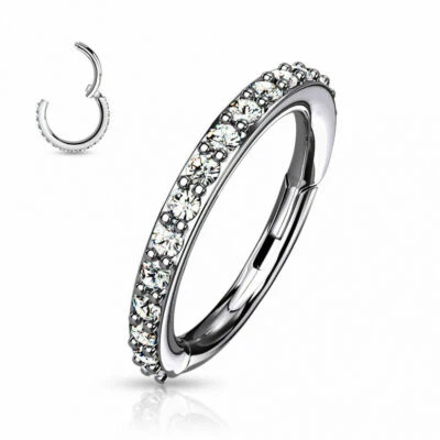 16G 3/8" Paved CZ Gem Ear Helix Hoop Segment Clicker Steel Earring Hinged Ring