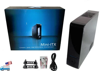 NEW Black Mini-ITX Media Center HTPC Slim Desktop/Tower PC Case, 200W PSU, Stand - Image 1 of 4