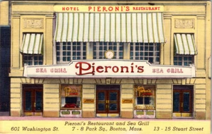 BOSTON, MASSACHUSETTS - PIERONI'S SEA FOOD RESTAURANT - VINTAGE LINEN POSTCARD - Picture 1 of 2