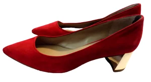 Ann Taylor RED Suede w Gold Metallic Block 1.75" Heels Sz 6.5 Classy Pumps NICE! - Picture 1 of 9