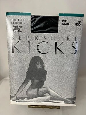 Vtg Berkshire Kicks THIGH-HI French Net Lace Top Sandalfoot BLACK Size A-B NEW! - Image 1 of 4