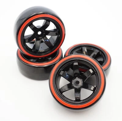 DRIFTRÄDER DRIFTREIFEN 1:10 AUF 6-SPEICHEN FELGEN BI-COLOR SCHWARZ/ROT - Bild 1 von 4