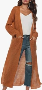 Women's Casual Long Sleeve Split Open Cardigan Knit Long Sweater with Pockets - Picture 1 of 14