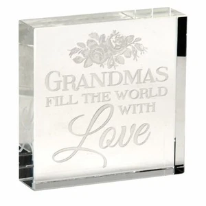 Grandma Fills The World with Love Laser Etched Crystal Glass Paperweight 3 inch - Picture 1 of 7