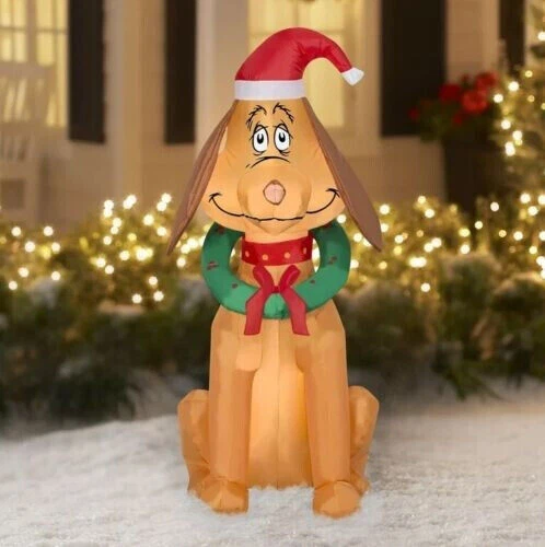 Dr Seuss Max the Dog w/ Christmas Wreath Inflatable 4.5' T 65th Anni Lighted