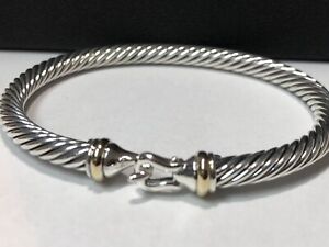 David Yurman 925 Silver 5mm  Cable Buckle Bracelet 18K Gold Bezel Size Large
