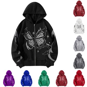 Women Casual Sweatshirt Butterfly Graphic Full Zip Hoodie Jacket with Pockets - Picture 1 of 48