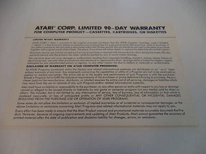 Authentic Atari 2600 Limited Warranty Registration Card for Cartridges Cassettes - Picture 1 of 2