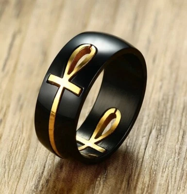 8mm Stainless Steel Ankh Egyptian Cross Ring Black and Gold IP Platied - Image 1 of 2