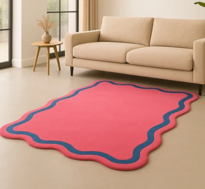 Hand Tufted Irregular Wool Rug Wavy Pink Area Rug for Living Room  Free Shipping - Image 1 of 4