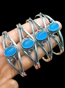 Blue Chalcedony Gemstone Bangle 925 Silver Plated Adjustable 4Pcs Bangle Lot~ - Picture 1 of 4