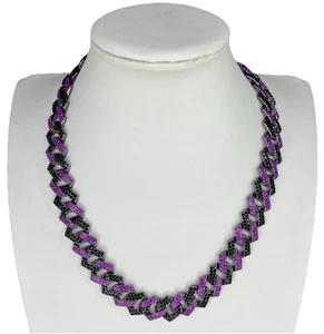 Flat Cuban Link Chain Necklace Black Purple Pave Crystal Gunmetal Wide Choker - Picture 1 of 13
