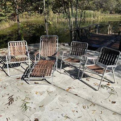 Vintage MCM Red Wood 7 Slat Lawn Chair Aluminum set of 4 with one lounger  - Image 1 of 4