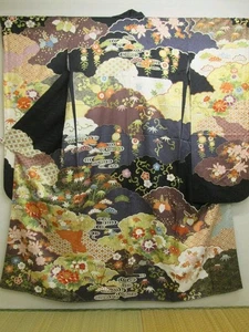 Vintage Kimono Yoshizawa Yuzen Gorgeous Black Long-Sleeved Kimono Very Rare Size - Picture 1 of 9