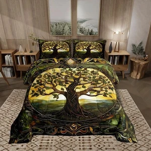 Tree of Life Comforter Set Abstract Nature Tree Bedding Set Queen Dark Green - Picture 1 of 6