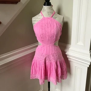 LoveShackFancy Bohima Mini Dress Womens 4 Pink Rose Halter Neck Cut Out Cotton - Picture 1 of 10