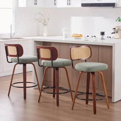 3 Set Swivel Bar Stools LInen 26" Height Barstools Rattan Back Wood Legs Green - Image 1 of 4