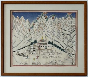 Original framed watercolor and pen Sherpa painting Namche Bazaar Nepal - Picture 1 of 7