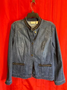 Chico Blue Jean Jacket Sz 2 w Black/Gold Trim on Collar & Pockets Button Up - Picture 1 of 18