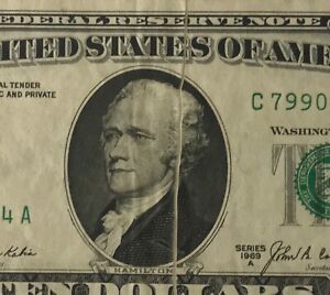 1969-A $10 Frn Federal Reserve Note â€œGutter Fold Errorâ€� Circulated.