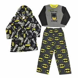 New Boys' Batman Spiderman 3-pc Pajama Set Top Pants Hooded Plush Robe M 8 L 10 - Picture 1 of 4