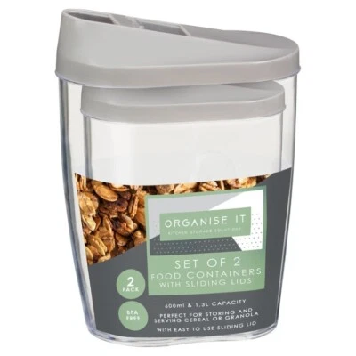 BPA Free Plastic Clear Food Storage Containers Box Sliding Lid Kitchen Pack Of 2 - Image 1 of 4