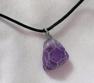AMETHYST GEMSTONE 22 X 22mm WIRE WRAPPED PENDANT 20" BLACK CORD NECKLACE - Picture 1 of 3