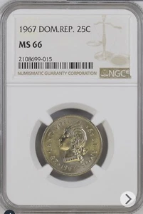 DOMINICAN REPUBLIC  25 CENTAVOS 1967 - NGC MS66 - Picture 1 of 4