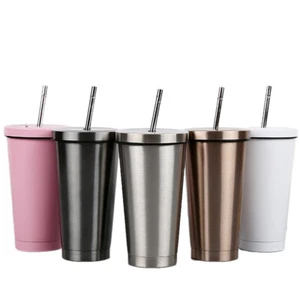 500ml Isolierbecher Edelstahl Kaffeebecher doppelwandig mit Deckel Strohhalm - Bild 1 von 16