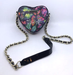 Betsey Johnson Heart Shaped Crossbody Bag Sequins Butterflies Chain Strap - Picture 1 of 15