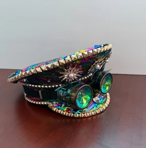 Cappello da capitano Steampunk Burning Man con gioielli strass - Arcobaleno - Foto 1 di 10