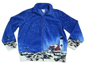 Blair Winter Coastal Fleece Jacket Red House Lighthouse Snow Boats Scenic Zip M - Picture 1 of 7
