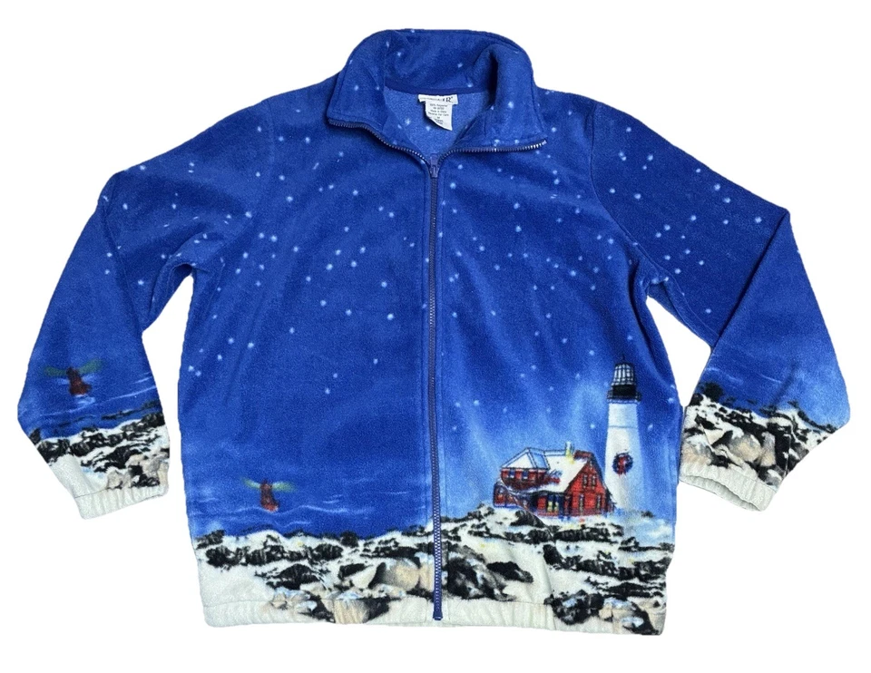 Blair Winter Coastal Fleece Jacket Red House Lighthouse Snow Boats Scenic Zip M - Image 1 of 4