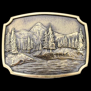 Mountain Lake Woods Forest Vintage Solid Brass 1970s BTS Vintage Belt Buckle - Picture 1 of 3