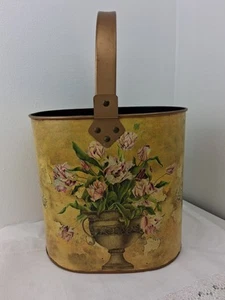 Metall Papierkorb mit Henkel Gold Urne Lila Blumen MCM Viktorianisch - Bild 1 von 12
